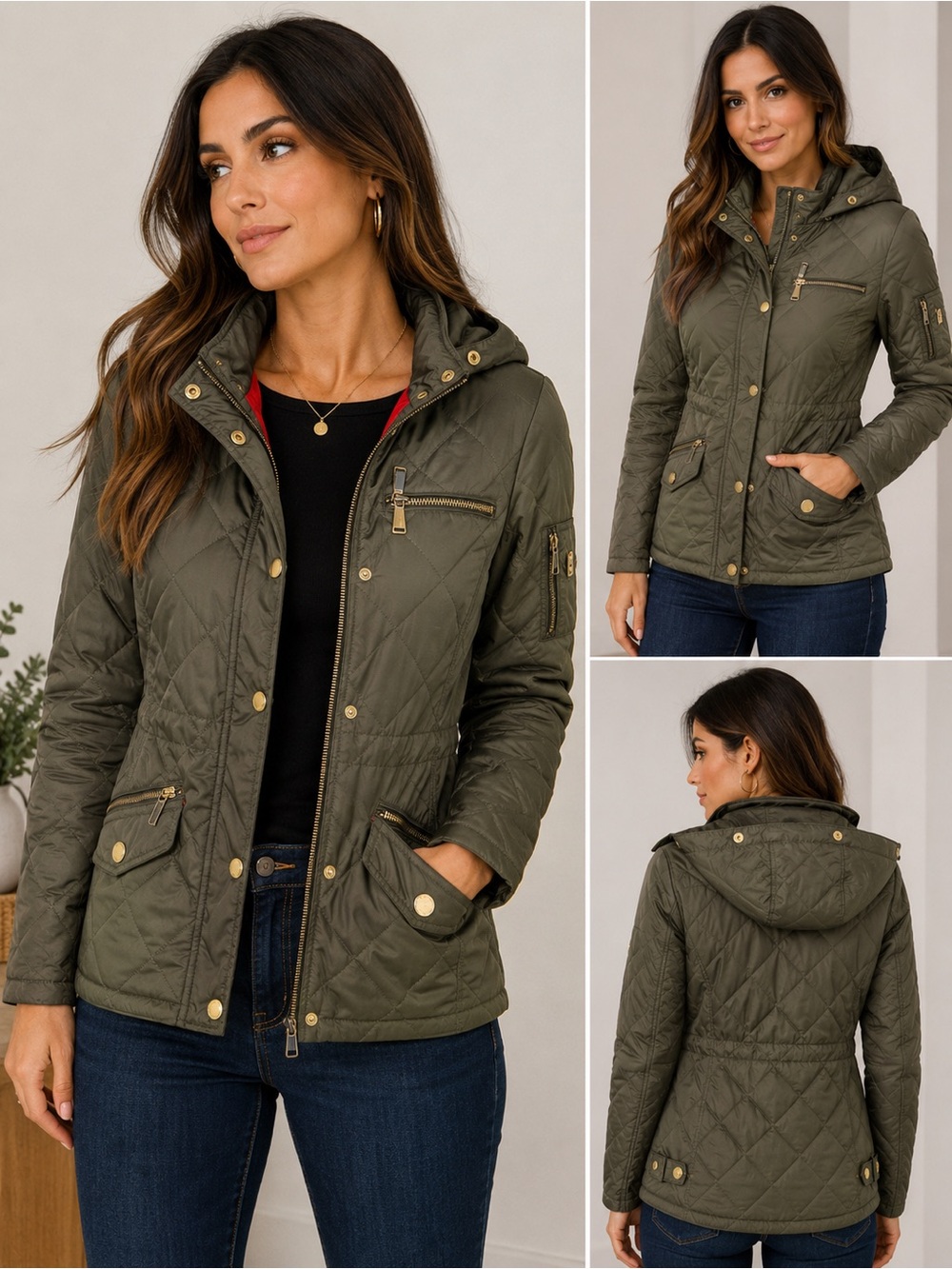 BCBGMaxAzria Olive Quilted Hooded Puffer Jacket with Gold Hardware